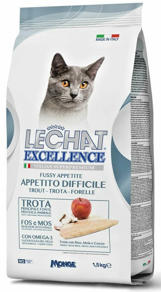 MONGE GATTO LECHAT CROCCHETTE CIBO SECCO PER GATTI APPETITO DIFFICILE TROTA 1,5K