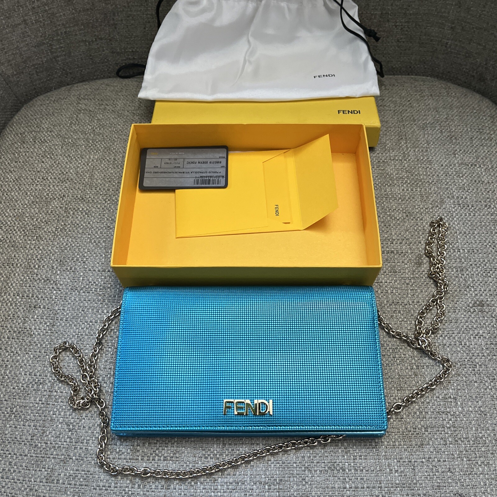 FENDI Blue Embossed Leather Chain Clutch Bag 8M0219 NEW