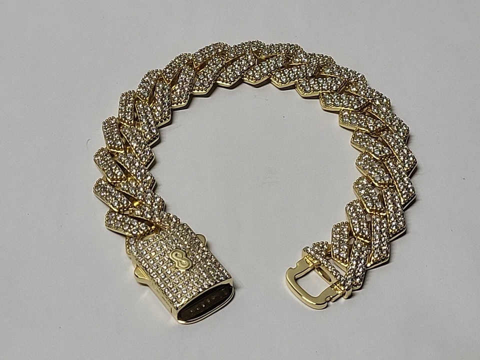 Brazalete de eslabones cubanos de oro de 14k sobre plata de ley piedras circonitas heladas 15 mm 70 gr Foto 2 de 4
