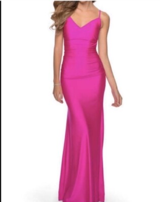 NEW La Femme Hot Pink Ruched Jersey Gown Maxi Dress 29020 Women's Size 2 |  eBay
