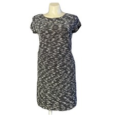 Ann Taylor LOFT Dress LARGE Black White Woven Tweed Shift Short Sl Work Casual