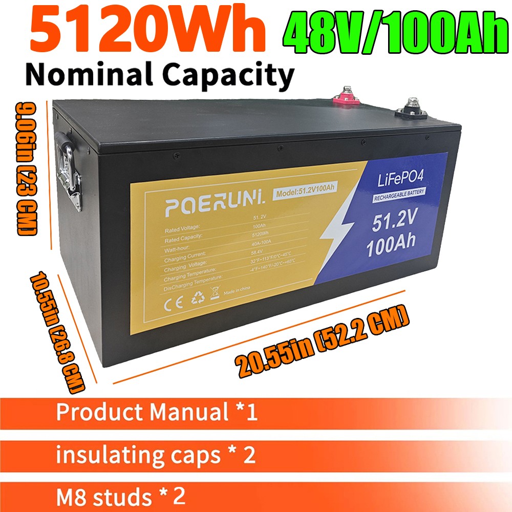 48V 100Ah LiFePO4 Lithium Battery 5120Wh Deep Cycle BMS For Solar RV Off-grid