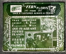 BEAUTIFUL VINTAGE FTD FERN FLORIST GREEN GLASS CHRISTMAS ADVERTISING IMAGE M355