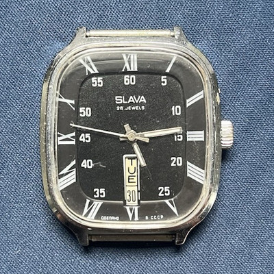 Slava Men's Wristwatch Black Dial 26 Jewels Day Date Silver Stainless Steel
