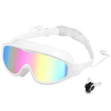 Swim Goggles for Adults, Wide View Anti-Fog  UV Swimming Goggles with White