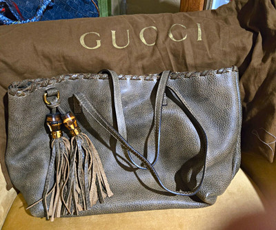 Gucci Bamboo Tassel Pebbled Leather Tote Bag - Olive / Khaki Grey (Authentic)