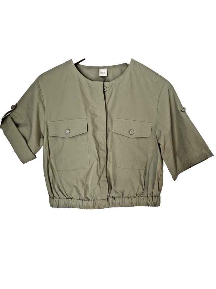 Lalu Sage Green Cotton Semi Cropped Utility Top Blouse Sz 8 10