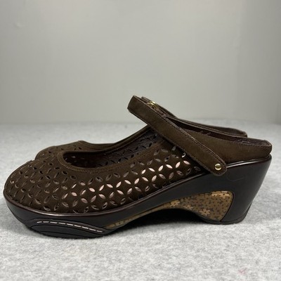 Jambu Sandals Womens 11 M Journey Encore Mule Clogs Brown Leather Peep Toe Wedge