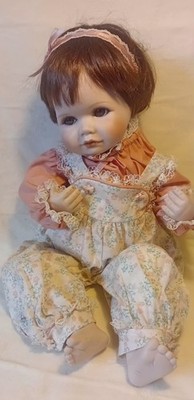 Vintage 90s Hamilton Collection Toddler Doll Laura Brown Eyes Floral Latzhose