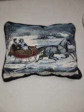 Dakotah Tapestry Throw Pillow The Road, Winter Sleigh Scene Currier & Ives