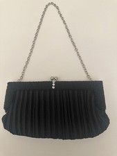 Black Satin Beaded Clutch Evening Bag W/Rhinestones Lock Silver Chain Strap