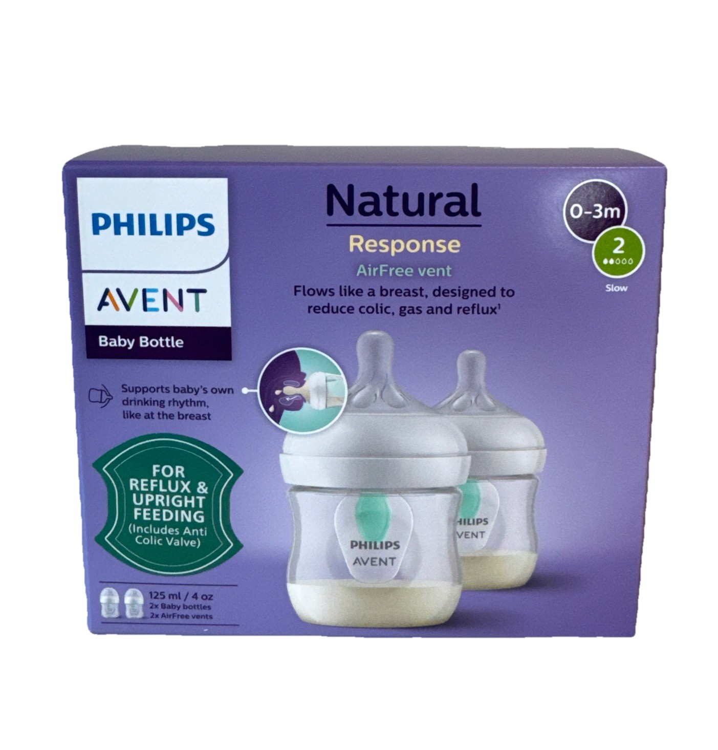 Philips Avent Natural Response Baby Bottle - 2X 125ml Baby Milk Bottle with