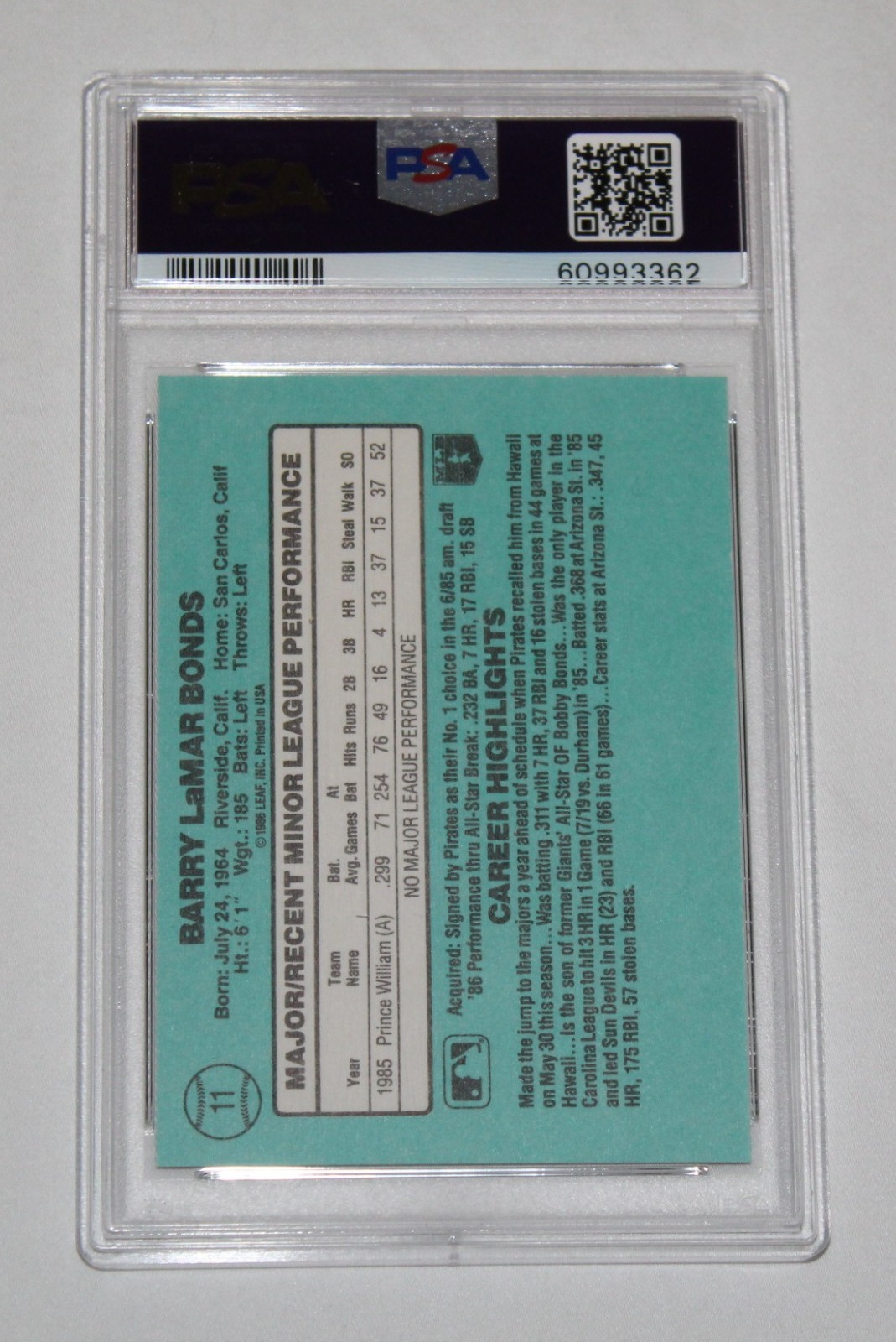 1986 Donruss Rookies Baseball Card #11 BARRY BONDS Pirates ROOKIE RC PSA 6 EX-MT view 2