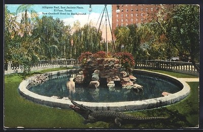AK El Paso, TX, Alligator Pool, San Jacinto Plaza, New Orndorff Hotel in backgr 
