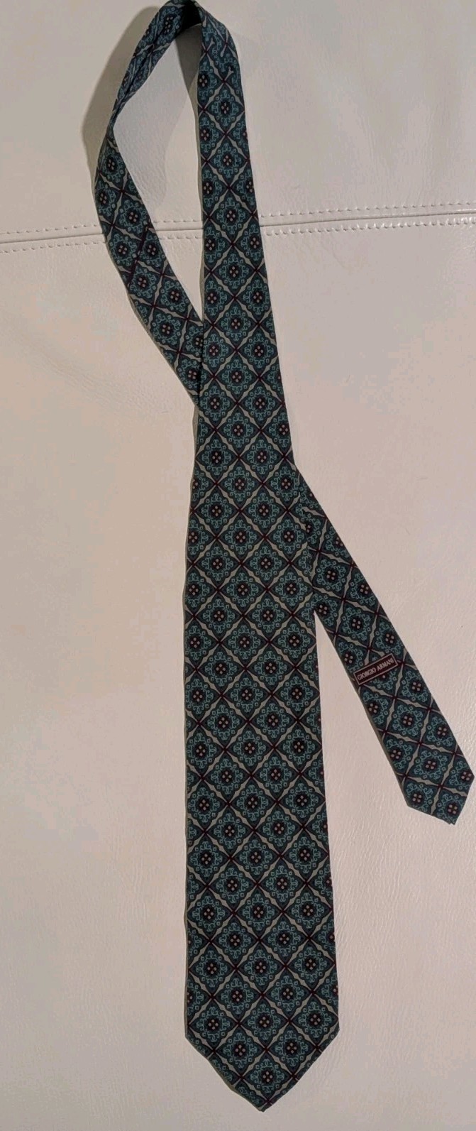 Giorgio Armani Cravatte Silk Tie Italy Aqua Gold Red Diamond Vtg