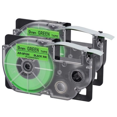 2PK 9mm XR-9FGN Black on Fluorescent Green Label Tape Fit for Casio KL-750KR