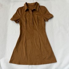 Cider Brown Faux Suede Collared Mini Dress XS Short Sleeve Button Front