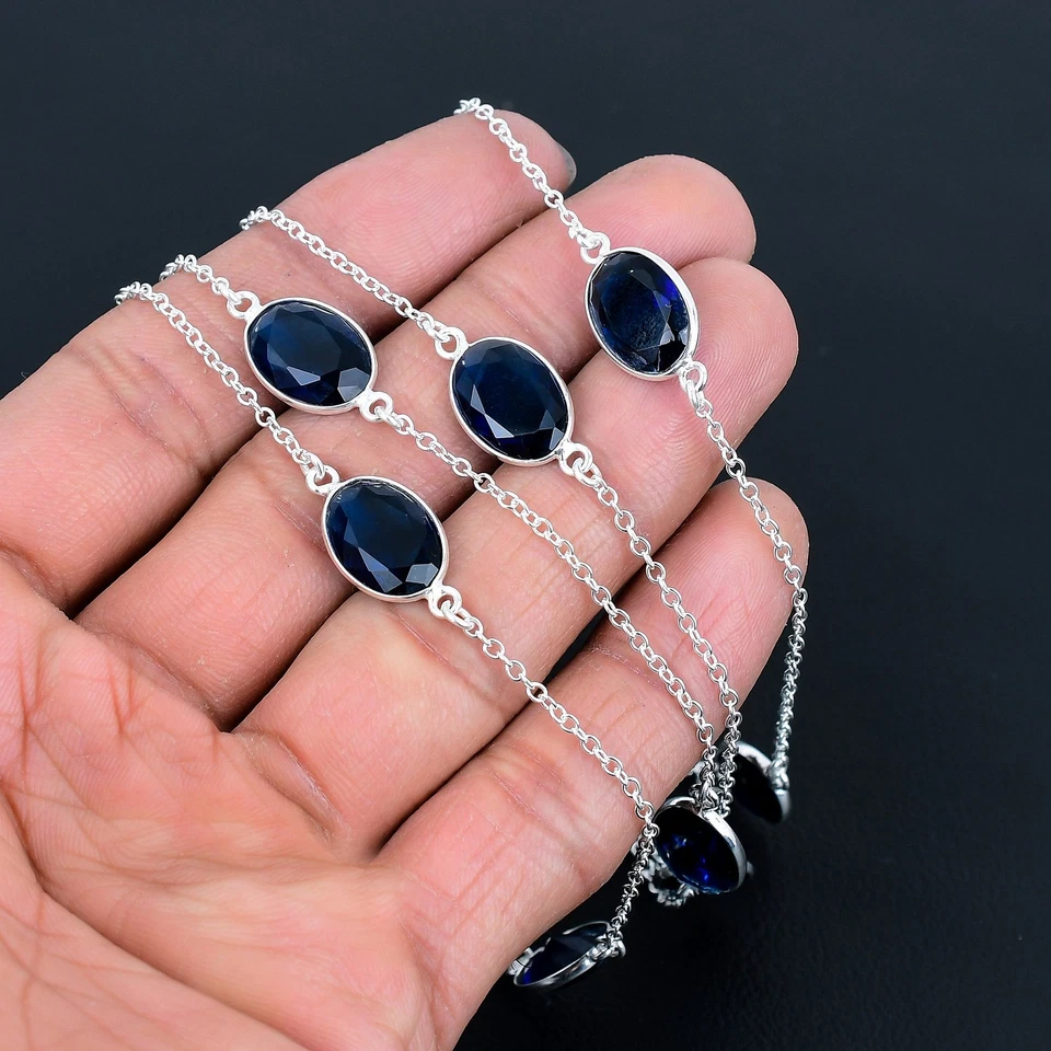 Collar de regalo étnico de piedras preciosas ovaladas de plata de ley 925 de iolita 36" VJ 253 Foto 4 de 4