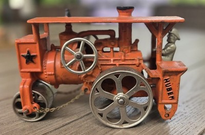 ANTIQUE CAST IRON HUBLEY HUBER STEAM ROLLER Toy  1930's 7.5'' Orange 