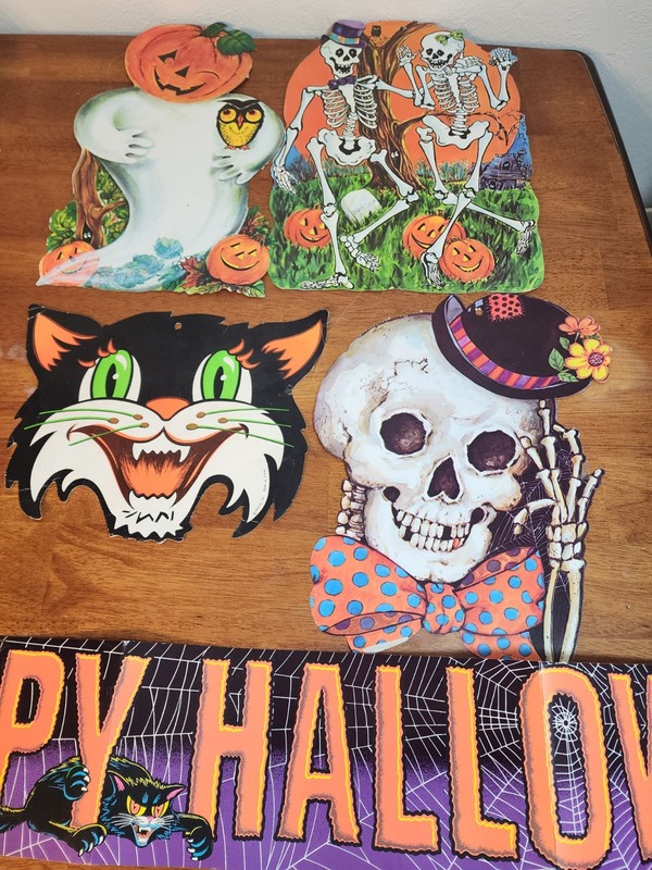 Vintage USA Halloween Die Cuts Lot Of 5 Black Cat Ghost Skeletons