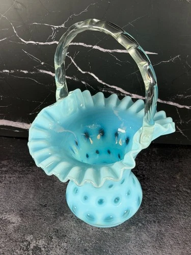 Fenton Art Glass Opalescent Coin Dot Blue Ruffled Top Hat Basket 10"