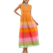 Taylor Fiesta Orange Purple BarbieCore V-Neck Ombré Maxi Dress Size Small New