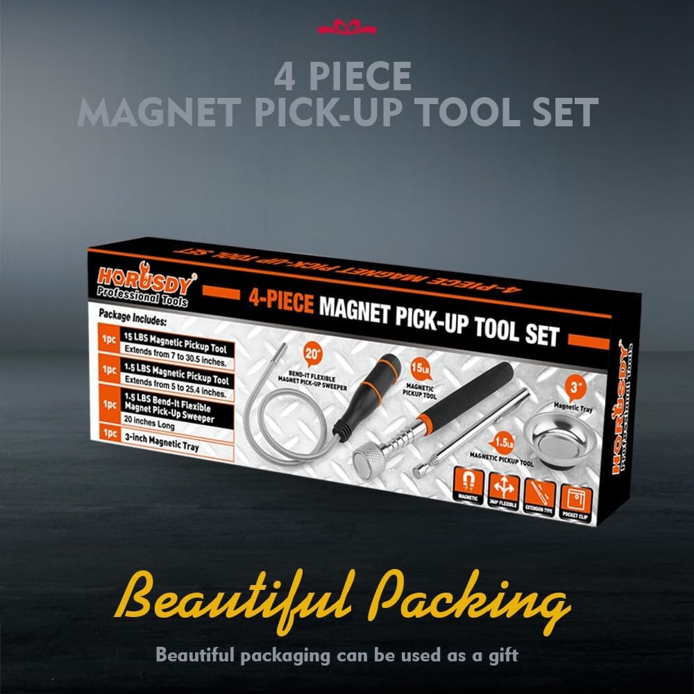 HORUSDY 4 Pack Telescoping Magnetic Pickup Tool Set with Flexible Spring Stick