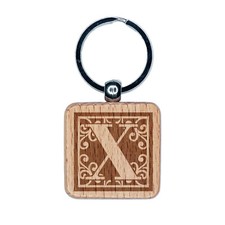 Monogram Swirls Capital Letter X Engraved Wood Square Keychain Tag Charm