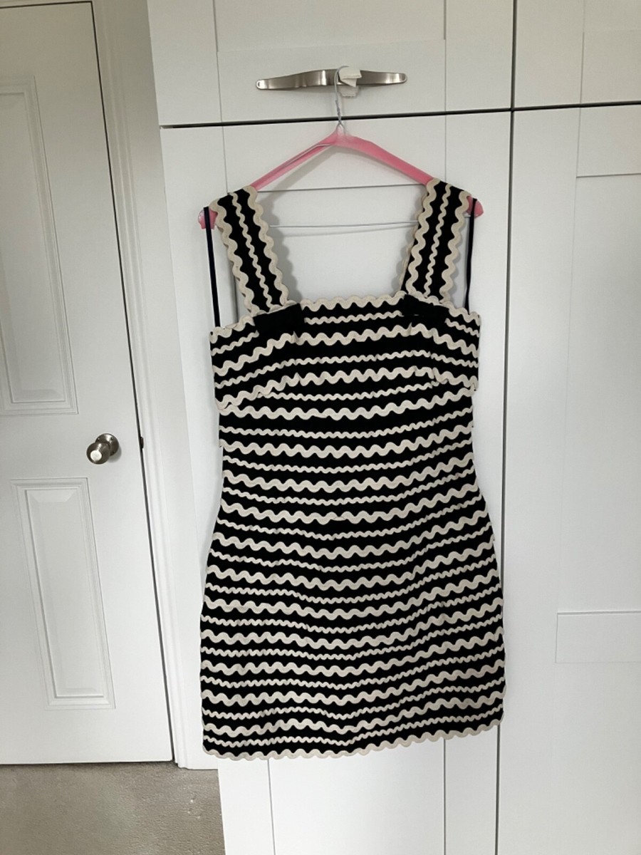 french connection black and cream dress French Connection Dress Size XL Grey Cream Ditsy Floral Print Black Lace Neck