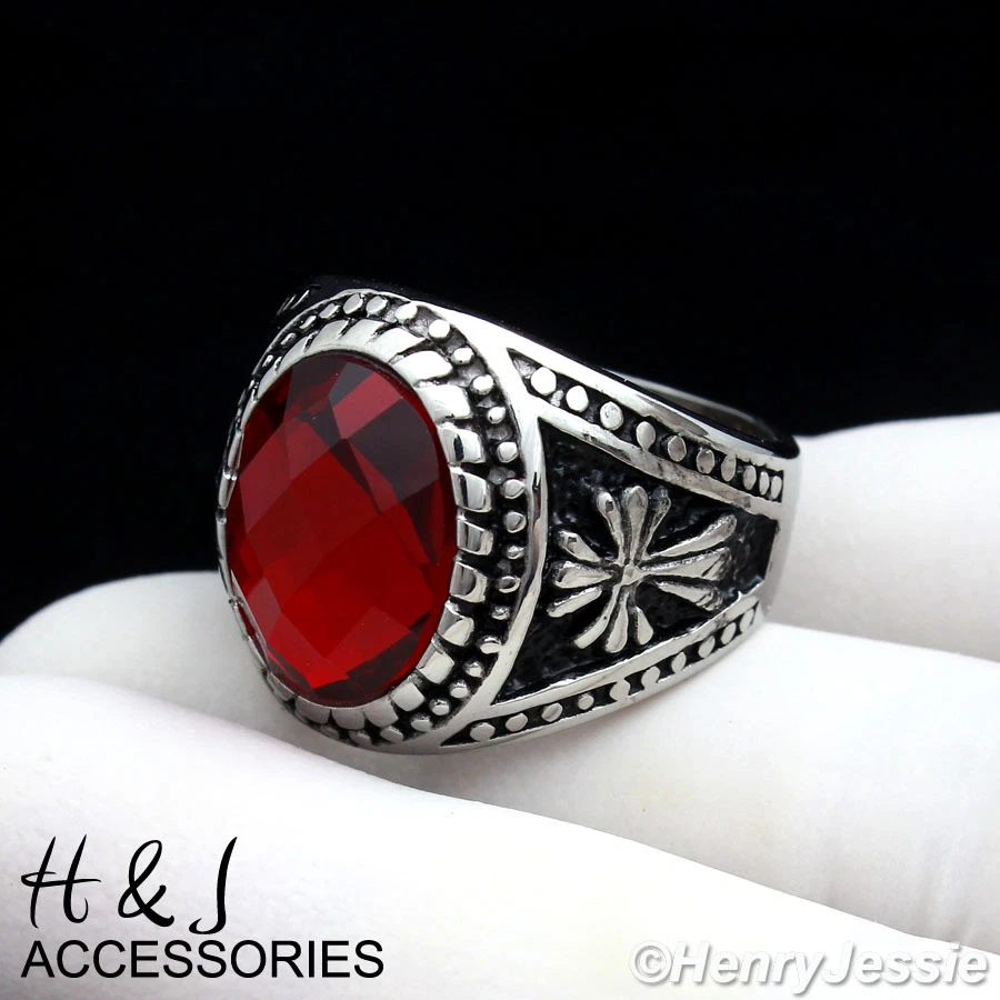 Anillo vintage de rubí simulado ovalado plateado/negro de acero inoxidable para hombre*AR88 Foto 2 de 3