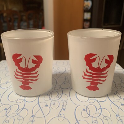 Set of 2 Red Lobster Crab 2 Sided Votive Candle Holders Shot Glasses Cups Mint