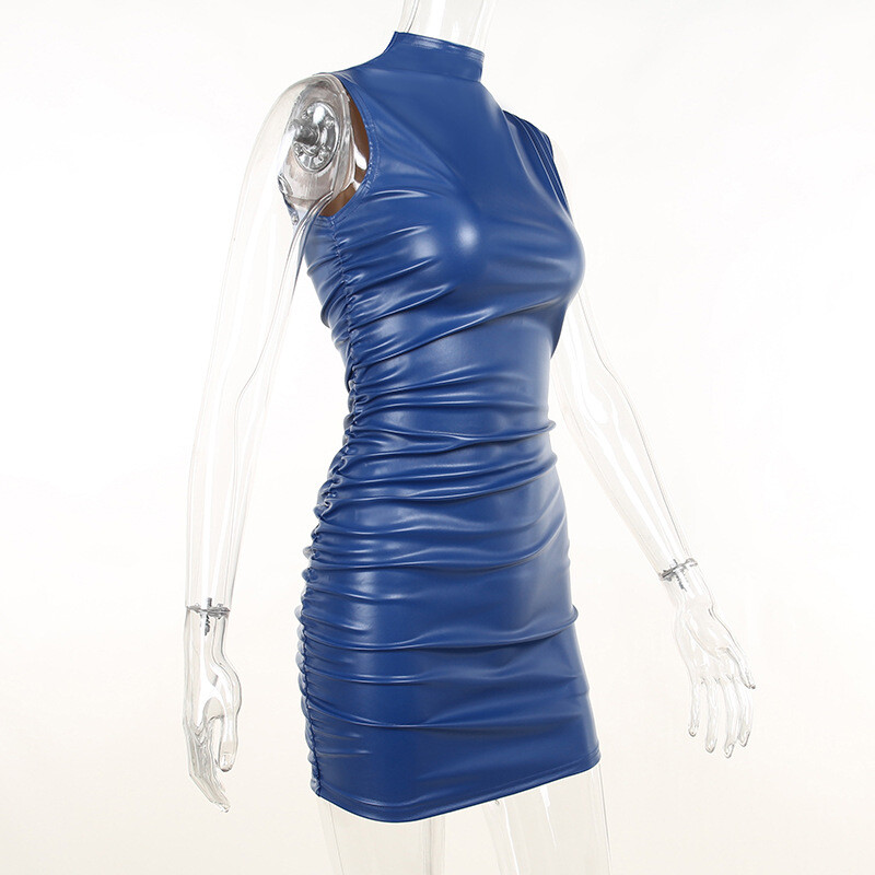 Women Faux Leather Bodycon Tank Dress Mini Ruched Mock Neck Sexy Slim Party  Club | eBay