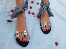 Womens Ladies Strappy Silver Cross With Tie Up Summer Casual Flat Sandal Shoe
