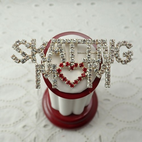 Vintage 1980's Skating Mom Clear Rhinestone Red Heart Silver Plated Pin Brooch - Picture 7 of 9