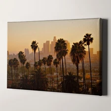 Los Angeles Downtown Skyline Palm Trees California Canvas Wall Art Print