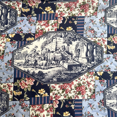 Vintage Navy Blue Toile Floral Patchwork Cheater Cotton Quilting Fabric BTY #6