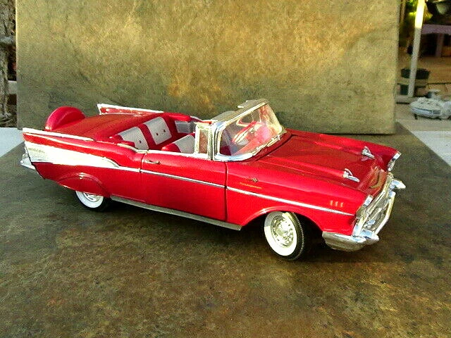 ERTL** 1957 Rare CHROME FINS CHEVY BELAIR CONVT~Matador Red & Silver Int 1:18 - Image 2 of 4