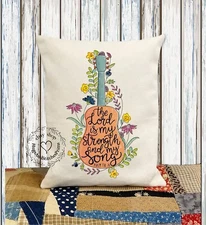 The Lord Is My Strength & My Song Bible Verse Guitar Fabric Pillow #1152