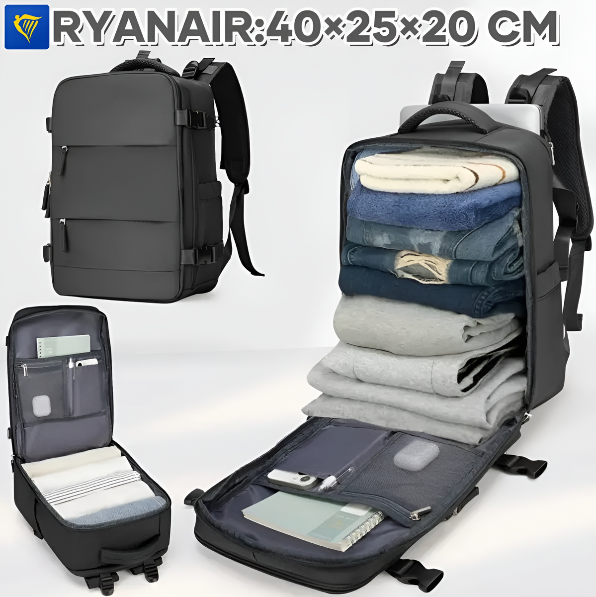 Zaino Da Viaggio Compatibile Ryanair 40x20x25 - Bagaglio A Mano Impermeabile - Nero