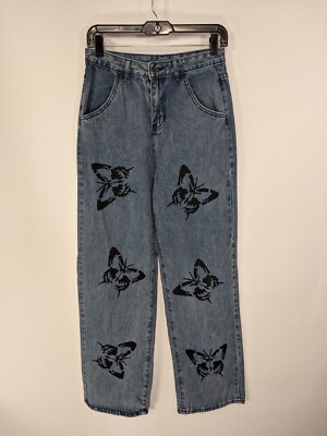Stone Wash Denim Butterfly Print High Waist Wide Leg Jeans Size S