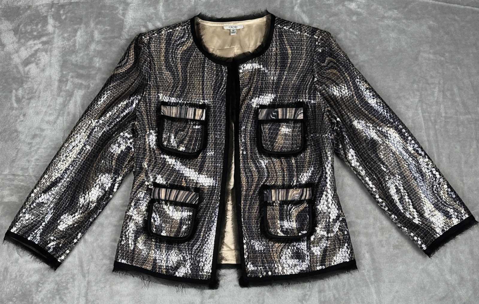 CACHE Jacket Size Medium Silver + Black Sequin Me… - image 1