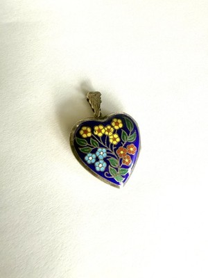 Vintage sterling silver locket large ENAMEL FLORAL PUFFY HEART charm pendant 
