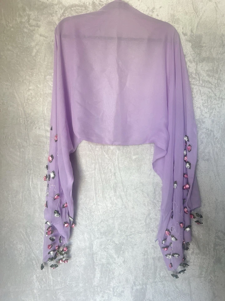 Lenço de seda feminino aplique botões de rosa envoltório de miçangas xale leve 20x68 fada - Imagem 3 de 4