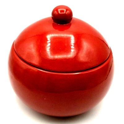 Red Art Pottery Bowl w/Lid 7'' Made in Portugal Beautiful Tomato Red Inside & Out