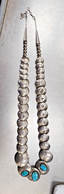 !Turquoise Pillow Bead Navajo Sterling Silver Necklace!