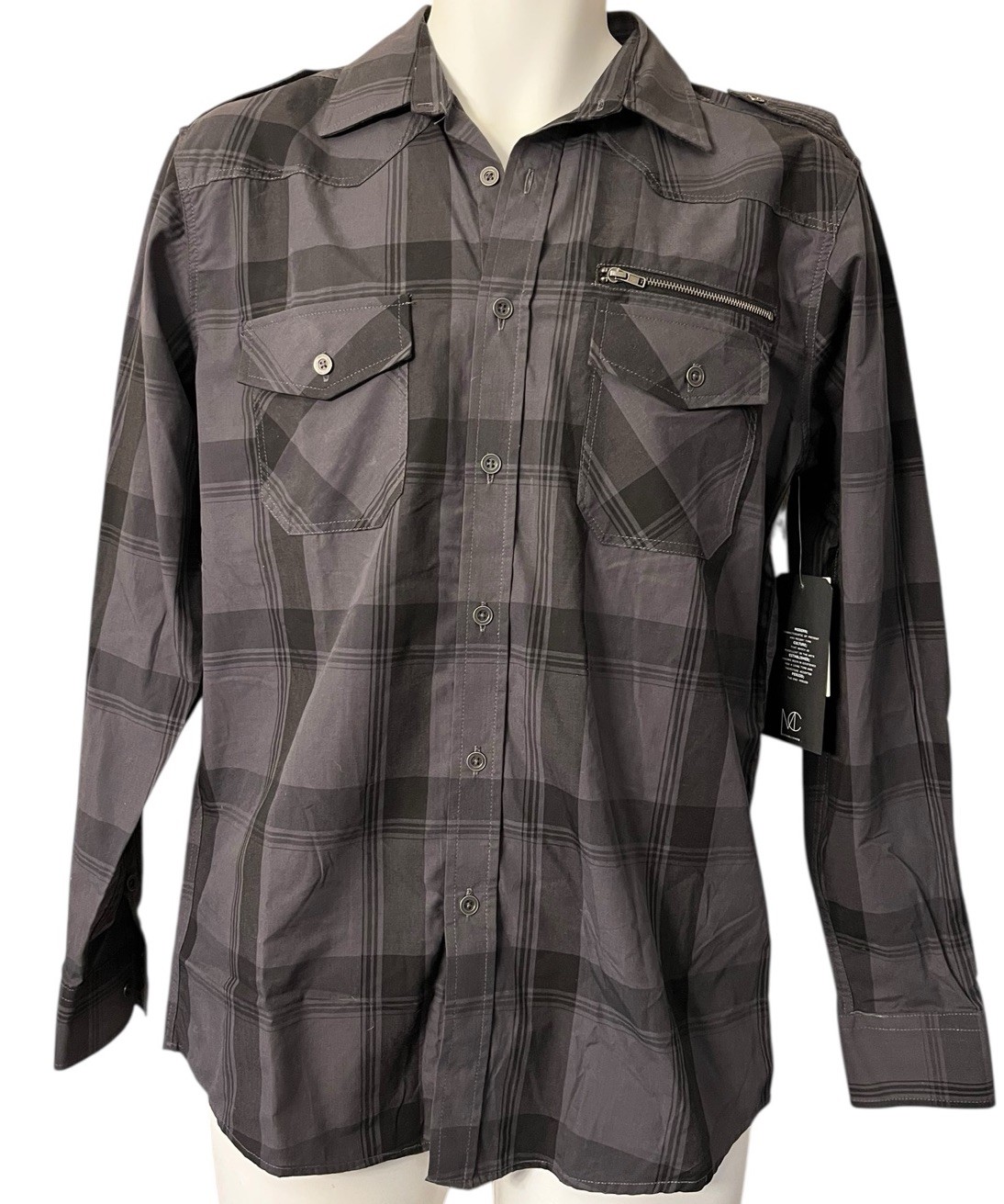 Modern Culture Mens Small Gray Black Plaid Long Sleeve Button Down Shirt NWT
