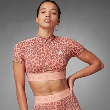 Adidas Womens Hyperglam Crop Top Zip Tee Pink Leopard XS Athleisure Performance