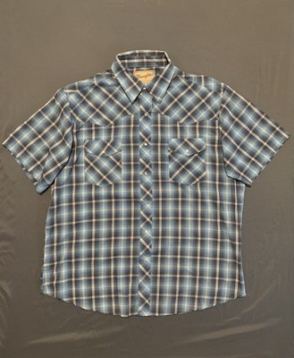 Wrangler Shirt Mens  XL Blue Western Yolk Plaid Pearl Snap Short Sleeve