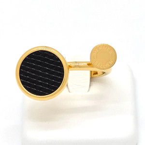 Authentic HERMES Cor Ring Gold Plated Black Lizard Leather JP14 US6.75 W/Box, Pouch & Card