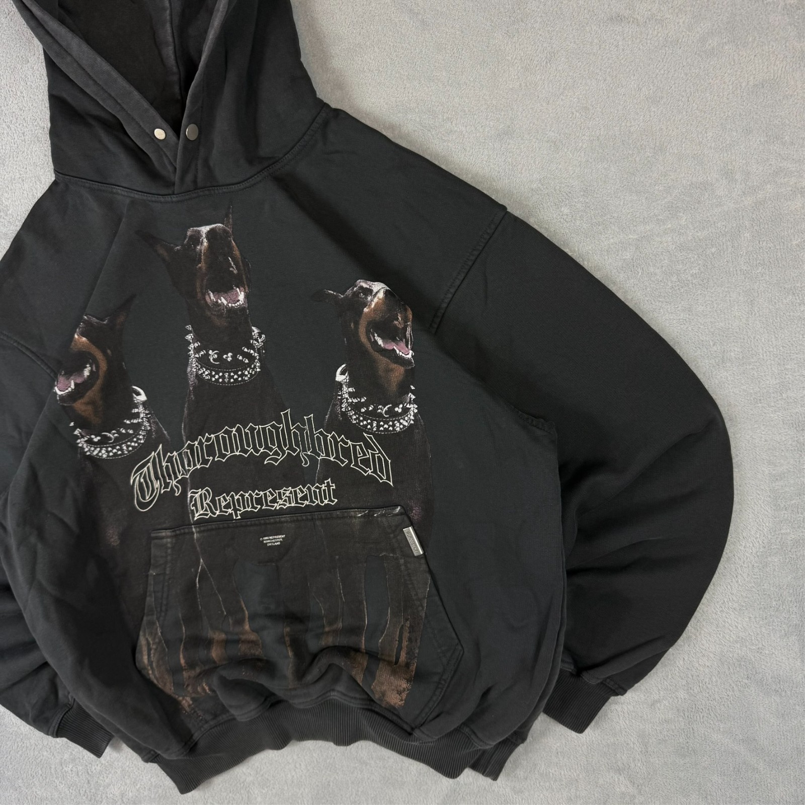VTG Represent Thoroughbred Doberman Black Heavyweight Oversized Sz Small Hoodie image 3